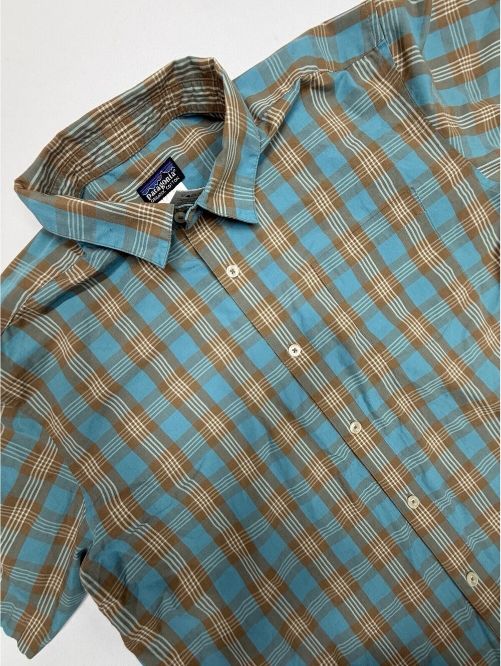 Patagonia Men's Med Short Sleeve Burrton Shirt Plaid Outdoor Blue Brown *flaws*